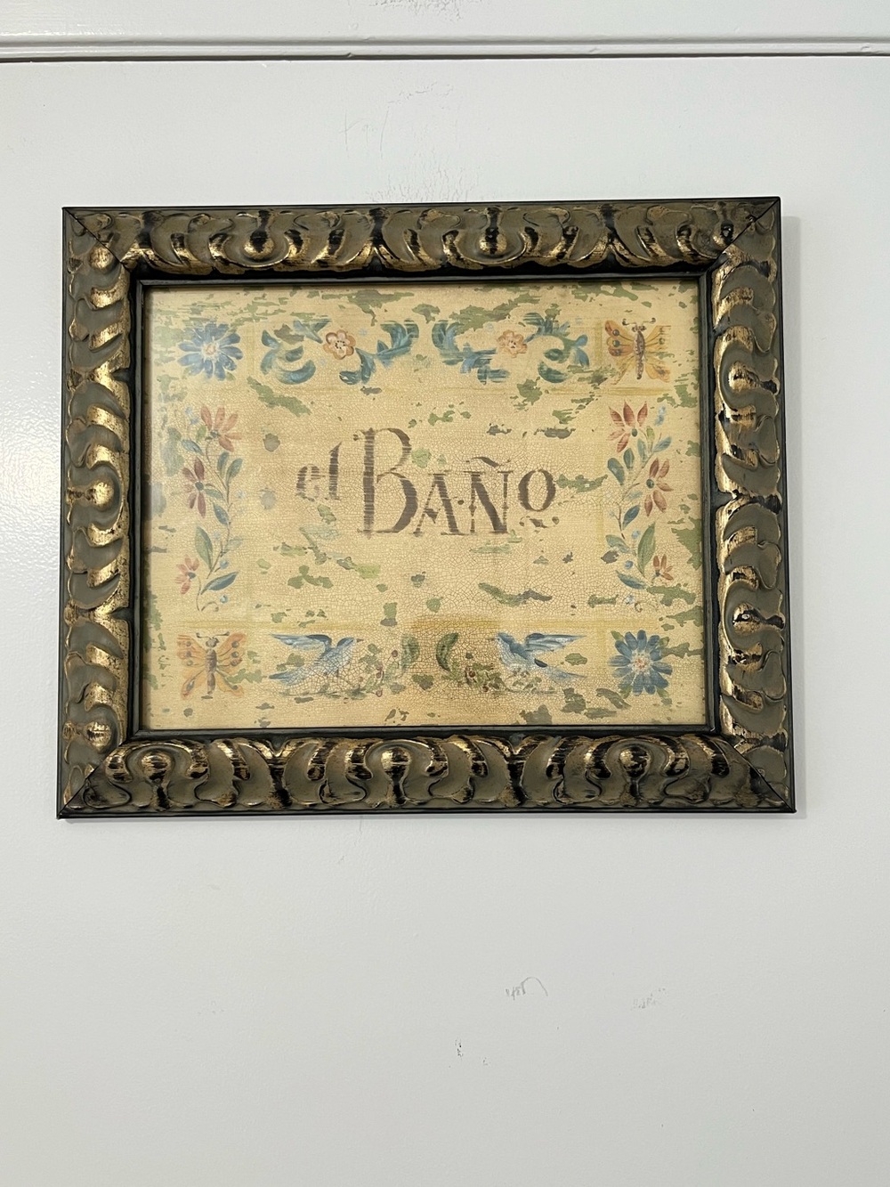 Vintage El Bano (The Bathroom) in Ornate Wood Frame Floral Birds Butterflies